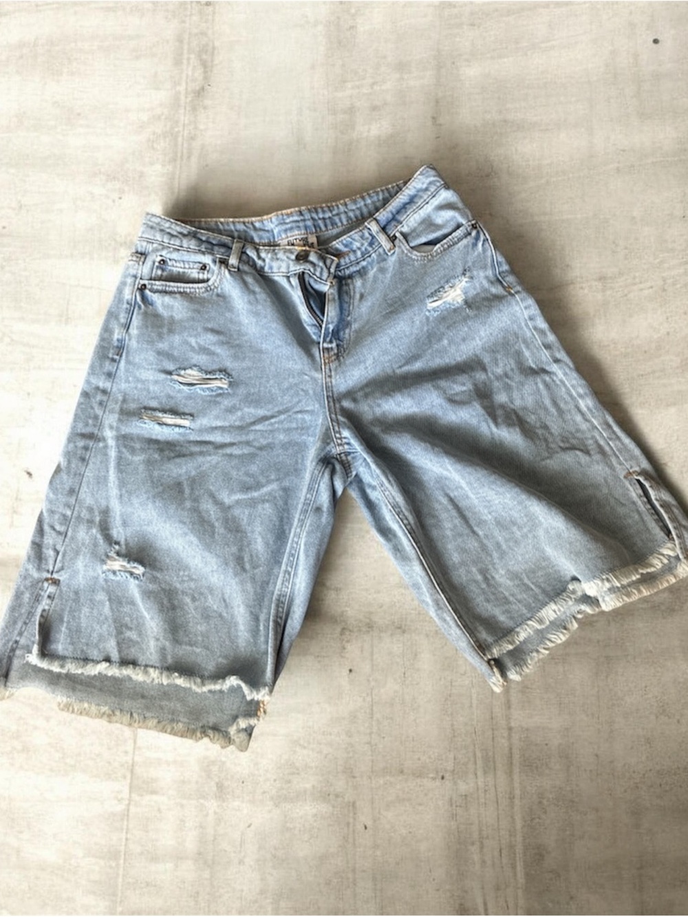 Light Wash Distressed Denim Bermuda Shorts